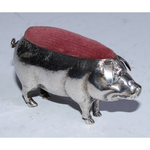 An Edwardian silver novelty pin cushion, as a pig, textured ...