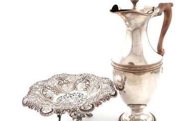 An Edwardian silver tazza, by James Dixon and Sons, Sheffield 1903, shaped circular form, pierced and embossed foliate scroll decoration, on three scroll legs, height 10cm, plus an Old Sheffield plated ewer, circa 1790, vase form, beaded borders...