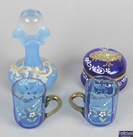An assortment of items, to include a miniature amethyst coloured glass scent bottle,miniature glass jugs and drinking glasses, etc.