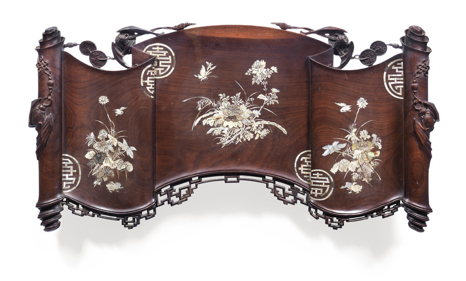 An early 20th century Chinese hardwood and mother of pearl inlaid wall plaque