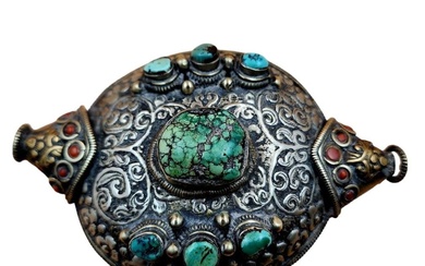 Antique 19th C Tibetan Hair Ornament Sterling Silver Turquoise Gold...