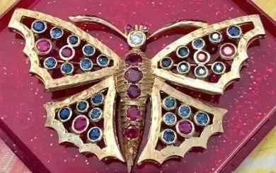 Antique Butterfly Brooch 14K Gold Diamond Rubys