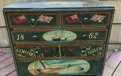 Antique Chest of Drawers w Captains Motif Painting