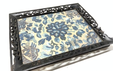 Antique Chinese Embroidery Panel Textile In Tray