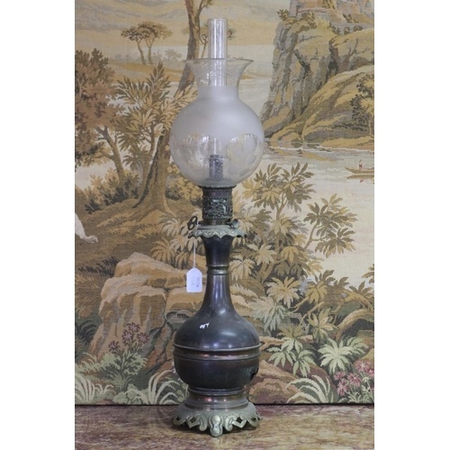 Antique French oil lamp, baluster shape waisted etched shade...