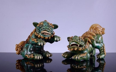 Antique Glazed Turquoise-Green Ceramic Shiwan Foo Dogs