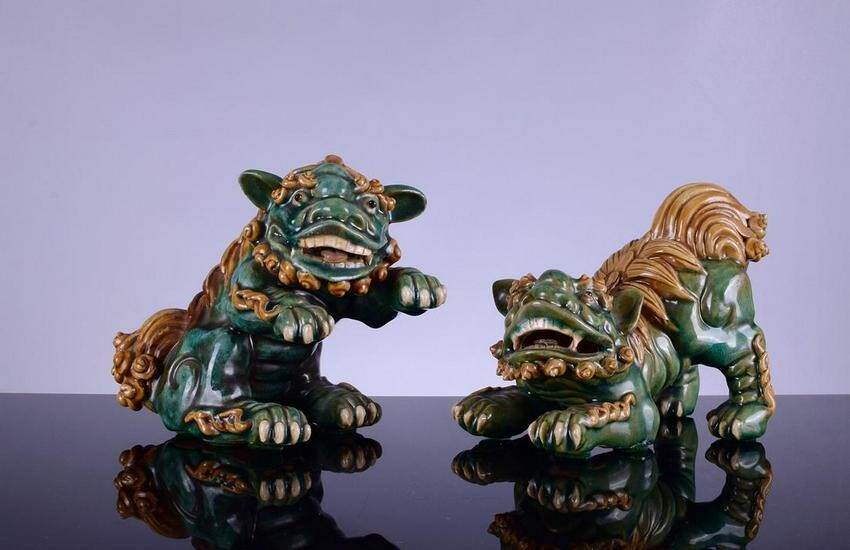 Antique Glazed Turquoise-Green Ceramic Shiwan Foo Dogs