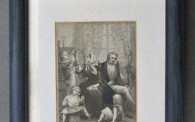 Antique Victorian Engraving, The Distressed Bachelor, 1860s, Oak Frame