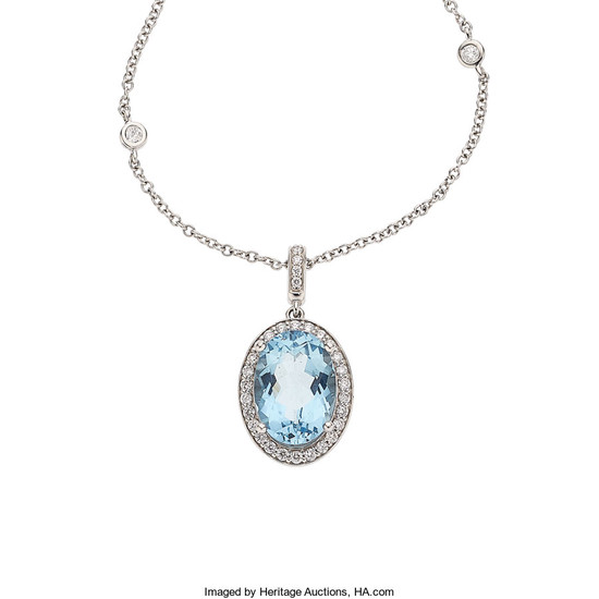 Aquamarine, Diamond, White Gold Pendant-Necklace The pendant-necklace features an...