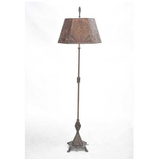 Art Deco Iron Floor Lamp with Painted Mica Shade.