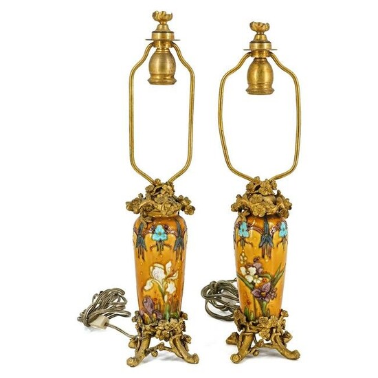 Art Nouveau Bronze Ormolu Enamel Vase Lamps
