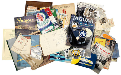 Assorted post-War racing memorabilia including a 1953 Jaguar Le Mans dinner menu signed by team drivers and members