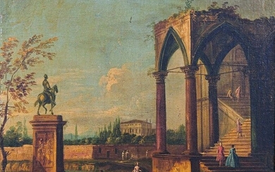 Atelier de Michele MARIESCHI (1710-1743) Caprice architectural animé de personnages Deux huiles sur toile, rentoilées....