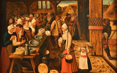 Pieter BRUEGHEL II (c.1564-1637/38) Les cadeaux de noces Huile sur panneau de chêne, deux planches...