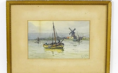 Augustus Charles Wyatt (1863-1933), Watercolour, A river scene with fishing boats and windmill