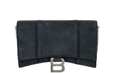 BALENCIAGA Hourglass Wallet On Chain Black Glitter Clutch Shoulder Bag
