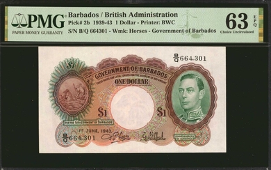 BARBADOS. Government of Barbados. 1 Dollar, 1939-43. P-2b. PMG Choice Uncirculated 63 EPQ.
