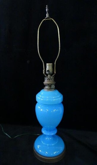 BLUE OPALINE GLASS LAMP 14"H