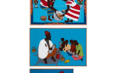Babacar Lô dit Lô Ba (1920s-2016, Sénégal) Lot de trois peintures fixées sous verre
