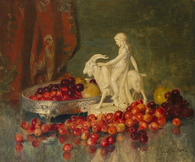 Belgian School, ca. 1920, A still life with corquery and cherries on a table top....