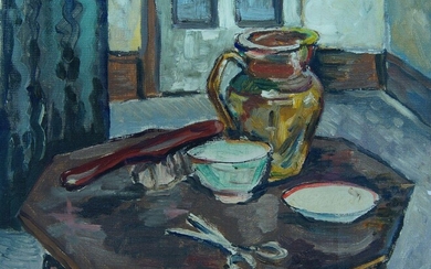 Ben Sunlight, British 1935-2002- Still life with jug and scissors; oil on card, 30.4 x 34 cm: together with a collection of further childhood drawings by the artist, some signed with initials (a lot) (unframed) (ARR)
