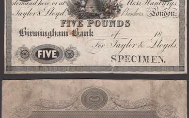 Birmingham Bank, for Taylor & Lloyds, obverse and reverse proofs for £5,...