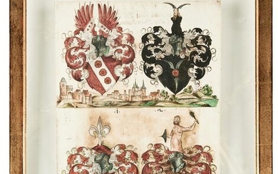 Blatt mit vier Wappen-Miniaturen, Nuernberg, 16. Jh.