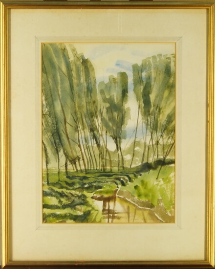 British School, 20th century- Trees by a river; watercolour, signed indistinctly lower right, 34 x 25 cm