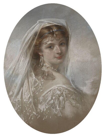 British School, mid-19th Century- Portrait of a bride, bust-length, turned to the right; pencil and pastels on paper, oval, 72 x 53 cm.