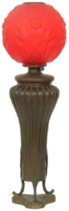 Bronze Oil Font Lamp With Satin Shade