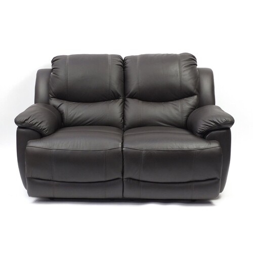 Brown leather manual reclining two seater settee, 155cm wide
