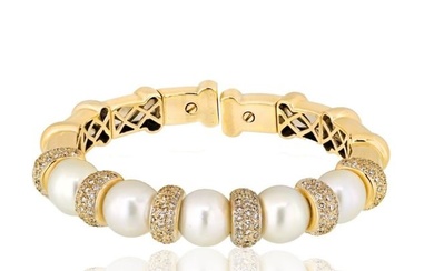 Bvlgari 18K White Gold Diamond And Pearl Cuff Bangle Bracelet