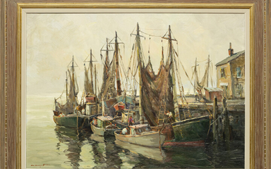 C. CURRY BOHM, AMER. 1894 - 71, OIL ON CANVAS H 26" W 35" "THE BOATS REST"