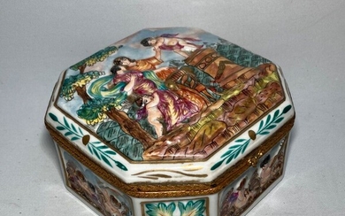 CAPODIMONTE Boite carrée couverte en porcelaine à décor polychrome de scènes animées, les angles à...