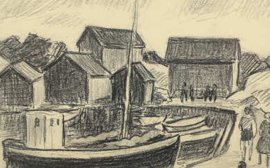 CARL MAGNUS LINDQVIST. Pastel/chalk, fishing port, signed.