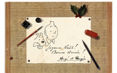 CARTE DE VŒUX 1961-1962 Carte sur carton imitation bois. Signé Hergé et Hergée au recto. Petites griffures et salissures. Usure d...