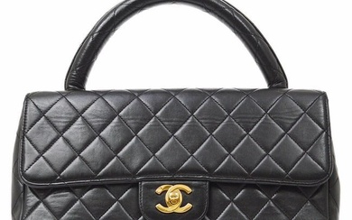 CHANEL Quilted CC Logos Handbag Purse Black Leather Vintage