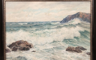 CHARLES VICKERY (AMERICAN, 1913-98), OIL ON CANVAS, H 28", W 38", WAVE CRASHING ON COAST