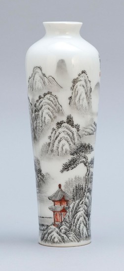 CHINESE EN GRISAILLE PORCELAIN VASE In tapered cylindrical form. Mountainous landscape decoration highlighted by a red temple at the...