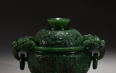 CHINESE SPINACH GREEN JADE LIDDED CENSER