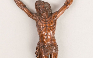 CHRIST en buis sculpté, pieds juxtaposés, périzonium noué à droite. Epoque fin XVIIème - début...