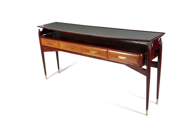 CONSOLE A Rosewood console with a glass top,...