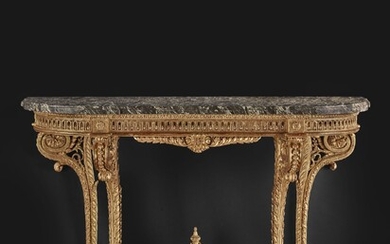 CONSOLE D'ÉPOQUE LOUIS XVI Attribuée à Georges JacobEn bois sculpté et doré, dessus de marbre...