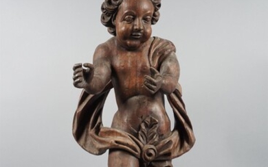 CONTINENTAL WOOD FIGURE OF A PUTTO WITH DRAPERY SWAG, PROBABLY 19TH CENTURY