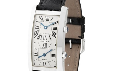 Cartier. Original and Exceptional Tank Cintrée Dual-Time Wristwatch in White Gold With Papers and Tag