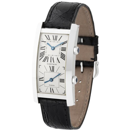 Cartier. Original and Exceptional Tank Cintrée Dual-Time Wristwatch in White Gold With Papers and Tag