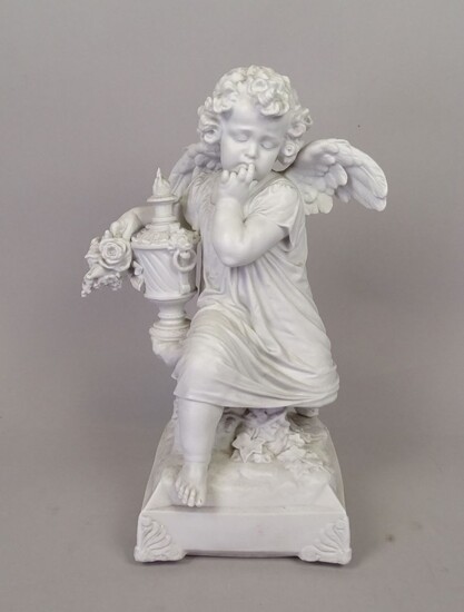 Céramique: sculpture en biscuit porcelaine -Ange au vase enflammé- marque en creux illisible 19eS H:43,5cm...