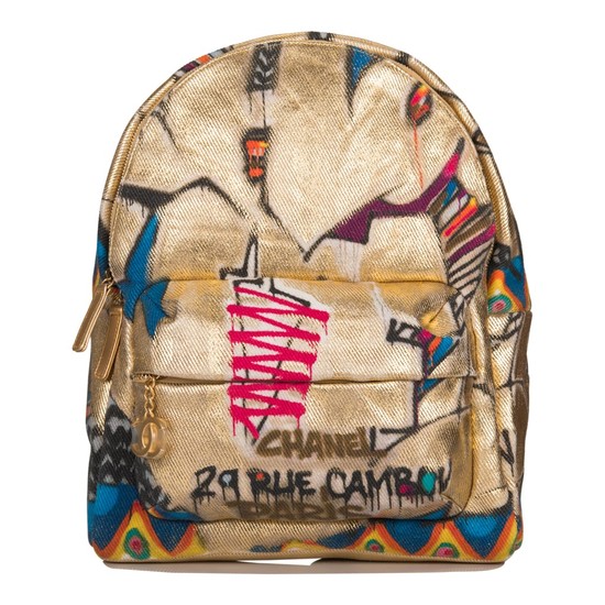 Chanel Gold Graffiti Printed "Street Spirit" Backpack of Canvas with Gold Tone Hardware
