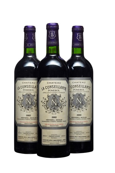 Château La Conseillante 2002, Pomerol Slightly bin-soiled labels Levels into neck **By placing a bid on this lot, you confirm that you are at least 21 years of age.
