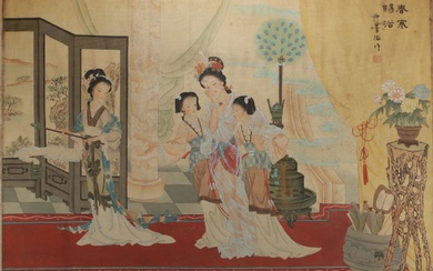 China - Ink and colour painting on silk depicting elegant...
